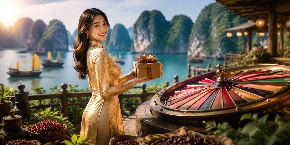 Người mặc áo dài chơi roulette trực tuyến trên điện thoại với phông nền vịnh Hạ Long